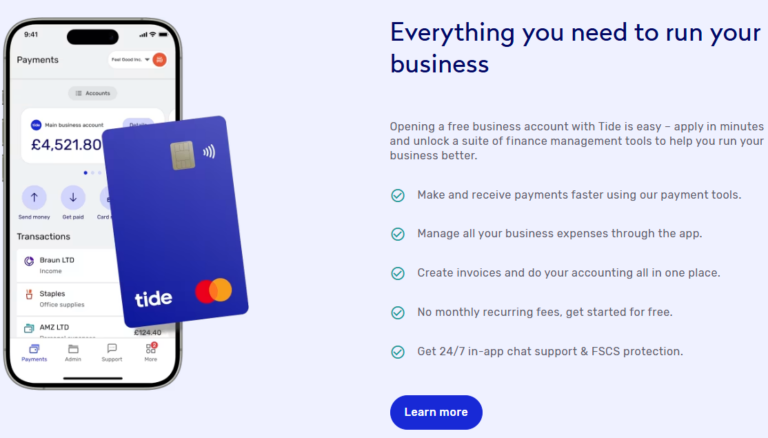 Tide business banking app interface showing account balance, card, and features like expense tracking, invoicing, no monthly fees, and 24/7 support – 2025