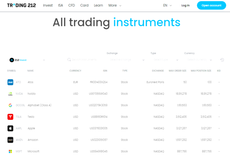 Trading 212 all trading instruments page displaying popular stocks like Nvidia, Tesla, Amazon, and Apple with exchange, ISIN, and currency details in 2025