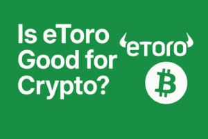 etoro green logo with bitcoin crypto logo in green