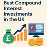 Cover image for blog post titled 'Best Compound Interest Investments in the UK' featuring financial icons such as a pound money bag, bar chart, computer screen with growth graph, and gold coins on a beige background.
