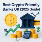 Illustration of crypto-friendly banks in the UK featuring Bitcoin symbol, traditional bank icon, rising green arrow, and gold coins – 2025 guide by The Investors Centre