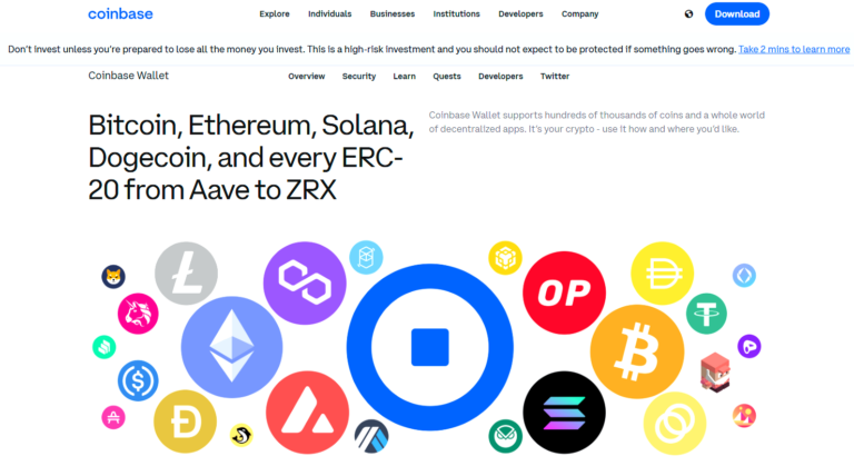 Coinbase Wallet homepage screenshot showing supported cryptocurrencies including Bitcoin, Ethereum, Solana, Dogecoin, and various ERC-20 tokens, with colorful crypto logos and headline promoting wide coin compatibility