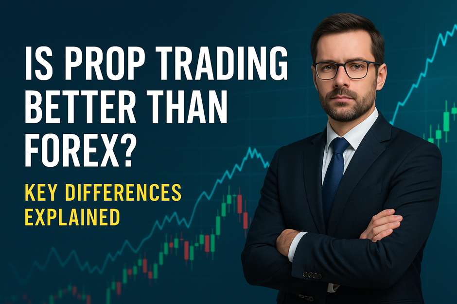 Professional man in suit standing confidently in front of stock market chart with headline 'Is Prop Trading Better Than Forex?' – financial comparison concept for 2025.