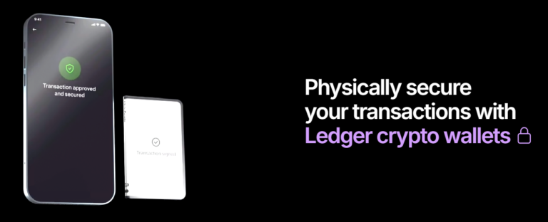 Promotional image of Ledger crypto wallets showing smartphone and hardware wallet used to physically secure crypto transactions, featuring 'Transaction approved and secured' message on dark background.