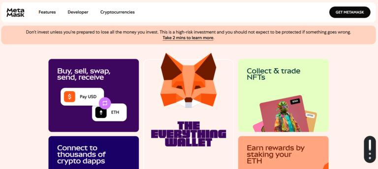 Screenshot of MetaMask homepage 2025 showcasing features like buying, selling, swapping crypto, connecting to dApps, staking ETH, and trading NFTs with the MetaMask fox logo and wallet interface.