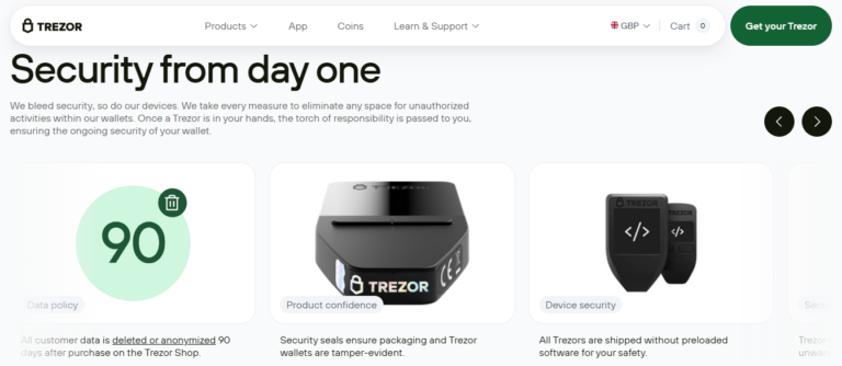 Screenshot of Trezor homepage highlighting security features, including data anonymization, tamper-evident packaging, and device safety for crypto wallets, with Trezor Model T and Trezor One shown.