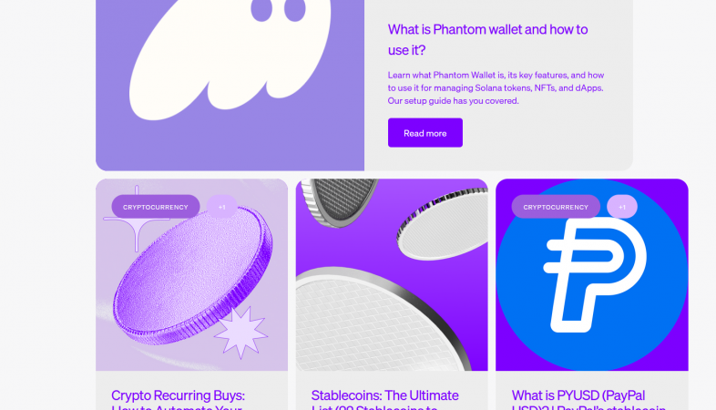 Overview of cryptocurrency educational content featuring articles on Phantom Wallet, stablecoins, PayPal's stablecoin PYUSD, and automated crypto investing strategies, displayed in a user-friendly website layout with vibrant purple accents.
