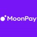 Smartphone displaying MoonPay app interface with cryptocurrency account balance, features buttons for buy, sell, and top up, and TrustScore rating of 4.2 on a promotional website banner.